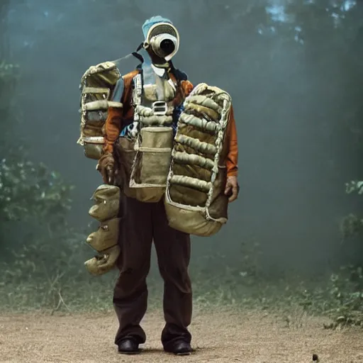 Prompt: a man wearing 8 bandoliers and a gasmask, 8k, film still, Frans Lanting