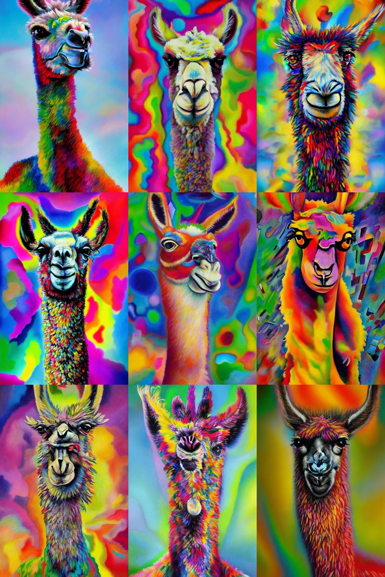 Prompt: llama portrait, an extremely high quality hd surrealism painting of a 3d slow-shutter galactic neon complimentary colored cartoon surrealism melting optical illusion llama portrait by a much more skilled version of kandinsky or picasso and salvia dali the fourth, salvador dali\'s much much much much more talented painter cousin, 4k, clear shapes, defined edges, ultra realistic, super realistic, so realistic that it changes your life and makes you pregnant just by viewing it, twice