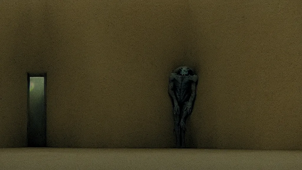Image similar to the creature that pushes in from the wall, film still from the movie directed by denis villeneuve and david cronenberg with art direction by salvador dali and zdzisław beksinski, wide lens