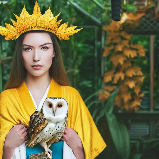 Image similar to portrait photograph of beautiful!!!! young female , symmetric face!, symmetric eyes, slight smile, natural light, wearing a yellow kimono!! with a very detailed barn owl! on her shoulder in a tropical greenhouse. looking at the camera!!. golden crown made of golden leaves. super resolution. Extremely detailed. Graflex camera!, bokeh!!!!!.