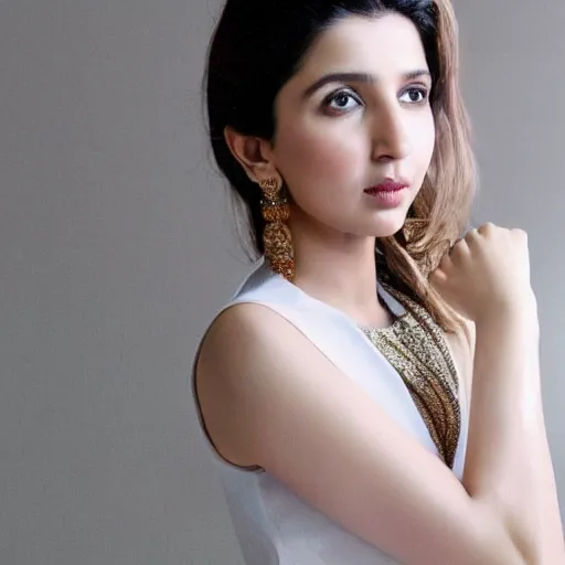 Image similar to Mahira Khan in white dress, studio lighting