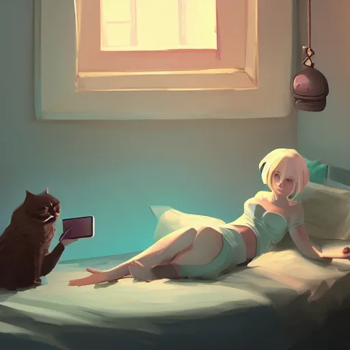 Image similar to a girl is lying on the bed and playing with her mobile phone, a ragdoll cat is lying on the side, characterized by roman shipunov, etienne hebinger, atey ghailan, cgsociety, fantasy art, 2 d game art