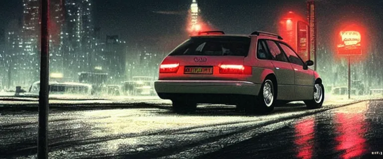 Image similar to Audi A4 B6 Avant (2002), a gritty neo-noir, dramatic bright lighting, cinematic, establishing shot, extremely high detail, photorealistic, cinematic lighting, artstation, by simon stalenhag, Max Payne (PC) (2001) winter new york at night