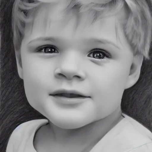 Image similar to pencil drawing of a toddler boy with curly light blond hair and blue eyes, photography, realistic