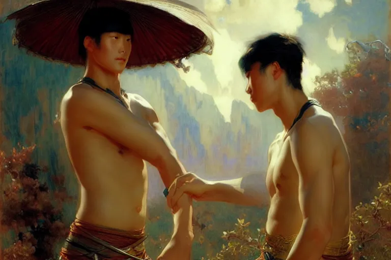 Image similar to wuxia, summer, attractive male, dreamy, painting by gaston bussiere, craig mullins, j. c. leyendecker