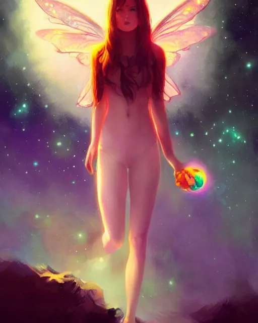 Image similar to a detailed digital art of an attractive!!!! girl with psychedelic! fairy wings sitting under the night sky and holding!! a crystal!! containing all of reality and galaxies, by greg rutkowski artgerm ilya kuvshinov. dramatic lighting, cinematic angle, heavy contrast