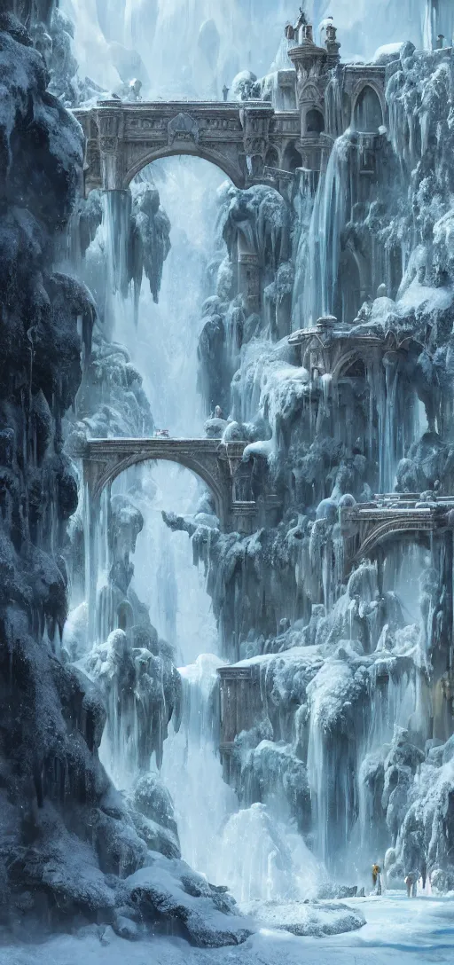 Prompt: a gigantic PALACE made of CRYSTAL stone with arches and bridge on top of a WATERFALL in the SNOW , blizzard, a small stream runs beneath the waterfall, landscape, raphael lacoste, eddie mendoza, alex ross, concept art, matte painting, highly detailed, rule of thirds, dynamic lighting, cinematic, detailed, denoised, centerd