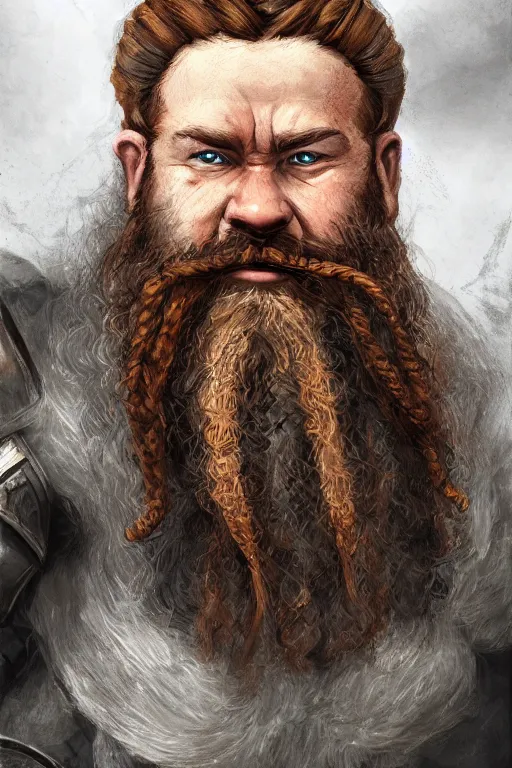 Prompt: dwarf with orangebrown braided beard, short, rough, armor focus on face, short hair, viking, still, photograph, digital painting, highly realistic, details, trending on artstation, masterpiece, fantasy, medieval