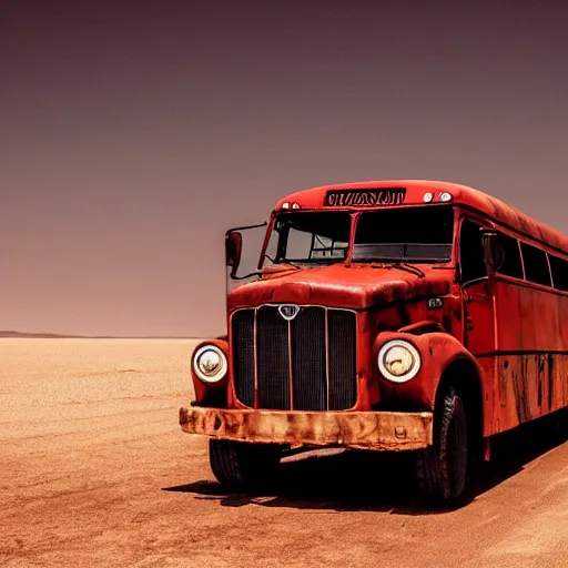 Image similar to photo of a red bus in desert, mad max fury road style