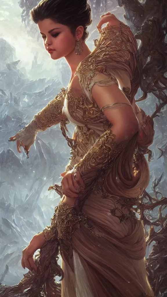 Image similar to Selena Gomez casting an frost spell, D&D, fantasy, intricate, elegant, highly detailed, digital painting, artstation, concept art, matte, sharp focus, illustration, hearthstone, art by Artgerm and Greg Rutkowski and Alphonse Mucha