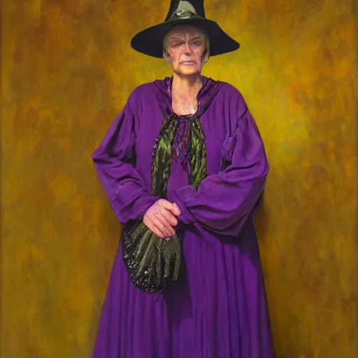 Image similar to portrait of a witch, wearing purple clothes with gold embroidery, by donato giancola, alex ross, and berthold woltze.