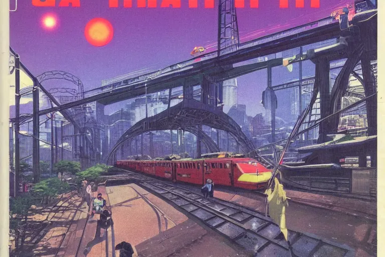 Image similar to 1 9 7 9 omni magazine cover of train bridge going above a park in osaka. cyberpunk style by vincent di fate