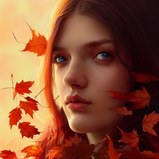 Image similar to girl with super long hair, hair becoming autumn red leaves, intricate, highly detailed, digital painting, artstation, concept art, smooth, sharp focus, illustration, unreal engine 5, 8 k, art by artgerm and greg rutkowski and alphonse mucha