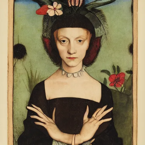 Image similar to portrait of a harpy with horns changing into a flower, fashion editorial by hans holbein and alexej von jawlensky, full body, flowing dress, in a garden