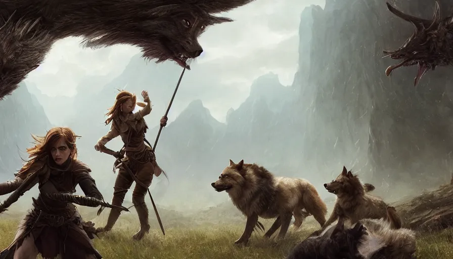 Prompt: wide shot of Emma Watson as a D&D Ranger with two wolves attacking a goblin, trending on artstation, illustration, cgsociety, 8k, cinematic art by Greg Rutkowski and Thomas Kinkade and William O'Connor