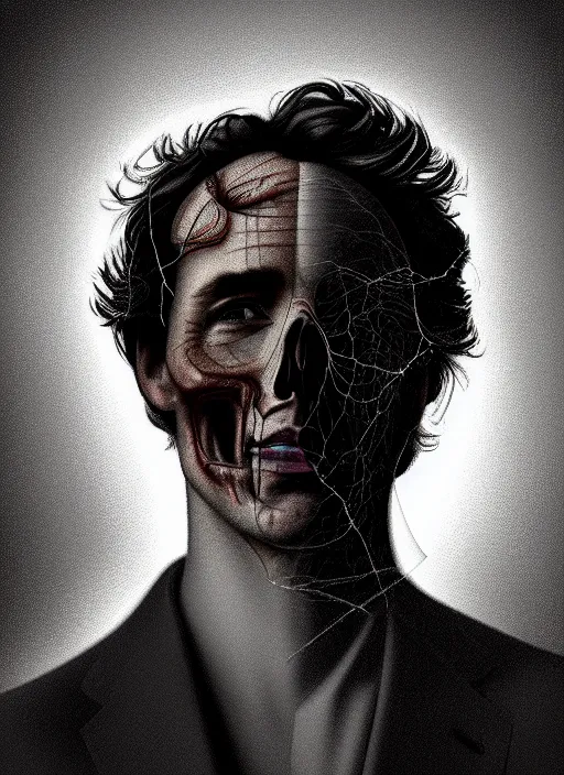 Prompt: a profile portrait of justin trudeau with translucent skin, visible cranial cavity, opening in skull, zipper, inside head cobwebs, dust and rats, digital art, highly detailed, by david cronenberg, raphael, caravaggio