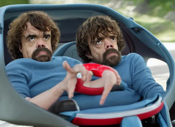 Image similar to peter dinklage driving a little tikes cozy coupe, movie still, from the new fast and furious movie, 8 k, realistic