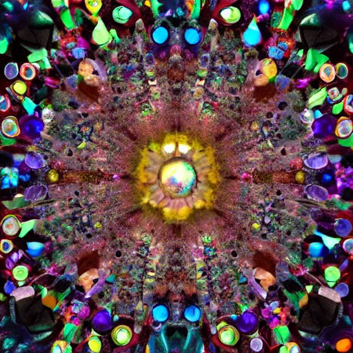 Image similar to midjourney art of a cluster of colorful gems and crystals on a black background, inside of a geode crystal cave by damien hirst and maria fortuny, featured on zbrush central, crystal cubism, made of crystals, iridescent, tesseract