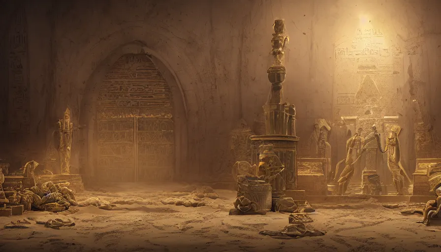 Prompt: egyptian crypt with torchs, cobwebs, sand, statues and gold coins everywhere, dust, gold, hyperdetailed, artstation, cgsociety, 8 k