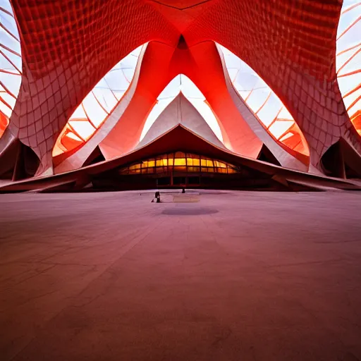 Image similar to futuristic lotus temple space station with gold, red and white marble panels, by santiago calatrava, intricate contemporary architecture, photo journalism, photography, cinematic, national geographic photoshoot