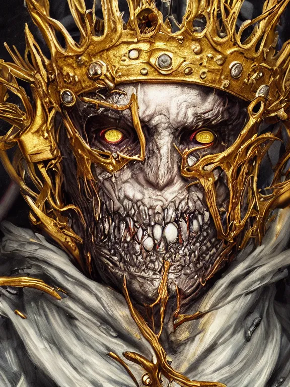 Image similar to portrait art of 8k ultra realistic undead king,detailed golden crown, decaying, cybernetic, full of colour, cinematic lighting, battered, trending on artstation, 4k, hyperrealistic, focused, extreme details,unreal engine 5, cinematic, masterpiece, art by ayami kojima, giger