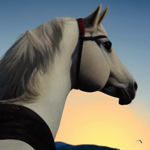 Image similar to harrison ford on a white stallion, photogenic, realistic, sunset, detailed, 4 k