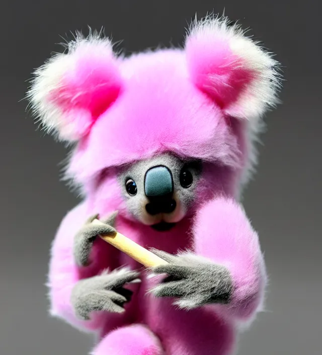 Prompt: high quality 3 d render hyperrealistic very cute small pink koala smoking weed joint, smoke rising from the joint, plush mascot, short spiky dense fluffy smooth hair, photo from the side, pink fluffy fur, 1 5 0 mm, beautiful natural soft light, rim light, vray, smooth background, artstation, ultra detailed