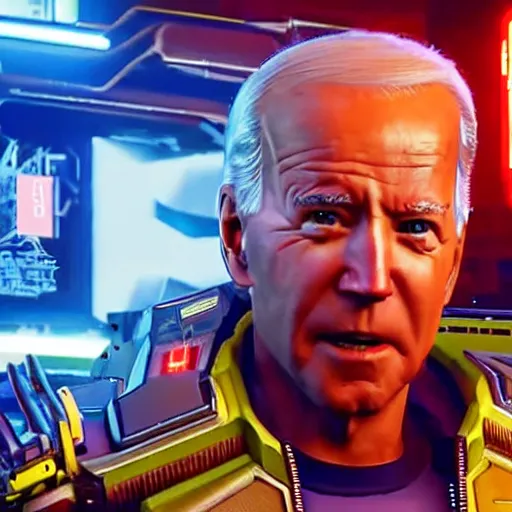 Image similar to joe biden as a cyborg in cyberpunk 2 0 7 7, technological, movie footage, high - tech, still frame