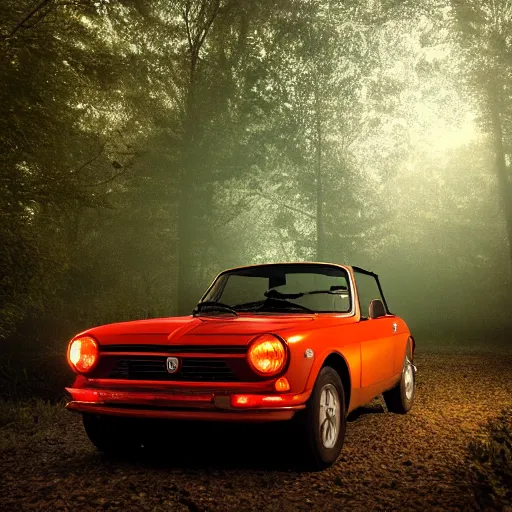 Prompt: fiat 1 2 4 in the dark forest, night, headlights on