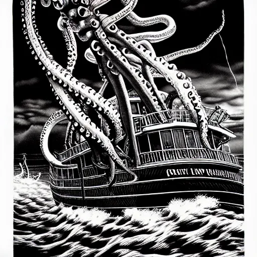 Prompt: a highly detailed hyperrealistic scene of a ship being attacked by giant squid tentacles, jellyfish, squid attack, dark, voluminous clouds, thunder, stormy seas, pirate ship, dark, high contrast, yoji shinkawa, scary, m.c. Escher, highly detailed, brutal, beautiful, octopus arms attacking the ship from the storm, illusion, artgerm