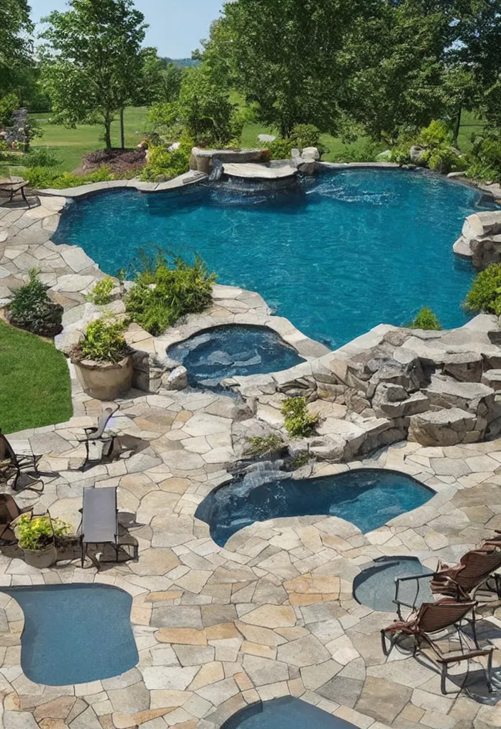 Prompt: Beautiful backyard pool with stone walkway and wooden lounge chairs