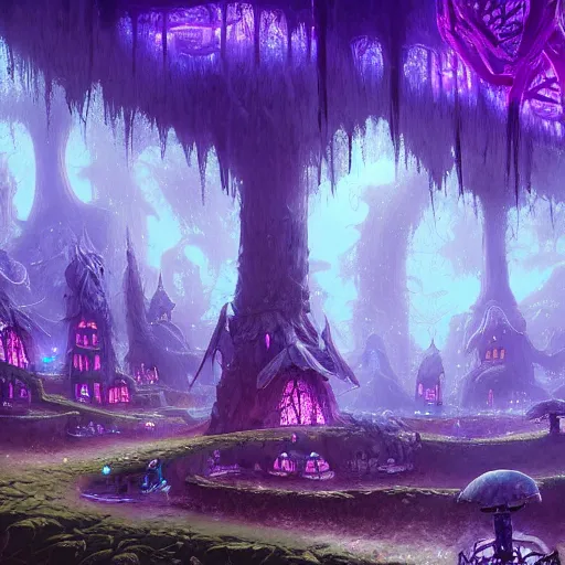 Image similar to concept art detailed painting of a dark purple fantasy fairytale fungal town made of mushrooms, with glowing blue lights, in the style of jordan grimmer and neil blevins and wayne barlowe