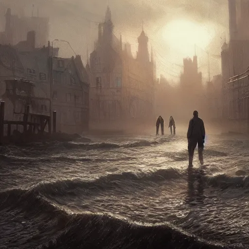 Image similar to shadow over innsmouth, people walking out of the water, painted by seb mckinnon, high detail, dramatic light, digital art, painted by greg rutkowski, promotional movie posterart, trending on artstation