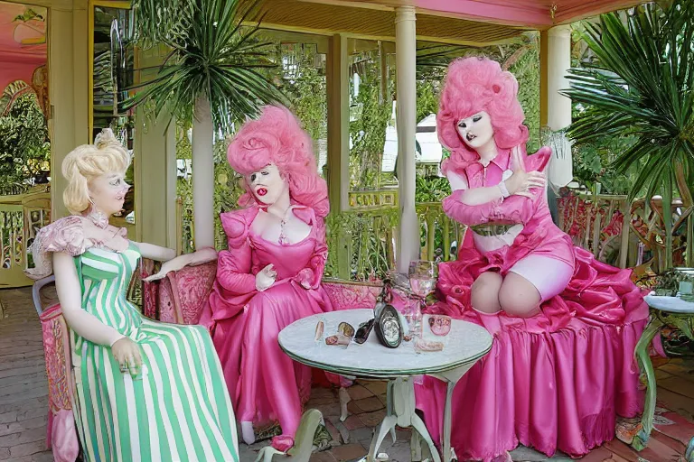 Prompt: Angelyne and martina bigg share stories on the veranda, painted by mark ryden