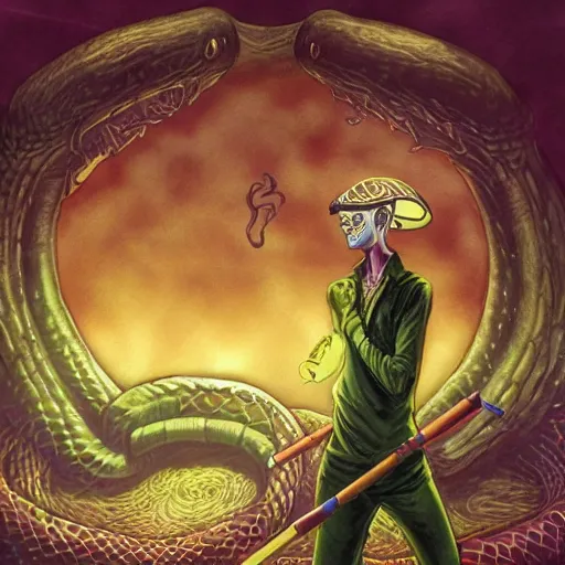 Image similar to A centered chest up portrait of a psychedelic demonic anthropomorphic snake smoking a hand-rolled cigarette smoking heavily , magic mushroom village in background , award winning. superb resolution. in the art style of junji Ito and greg rutkowski . Detailed Mushroom city in background. Hyper realistic anime. Perfect art. Dalle2