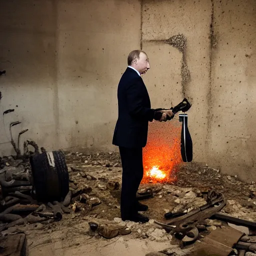 Image similar to putin with a chainsaw. in a concrete bunker with a pile of corpses. focus on putins face with blood splatters. canon eos r 3, f / 1. 4, iso 1 6 0 0, 1 / 8 0 s, 8 k, raw, grainy