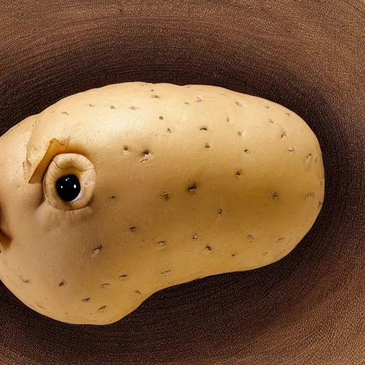 Image similar to a taxidermized potato with a human face, in a museum, 8 5 mm lens, 7 0 mm entrance pupil diameter