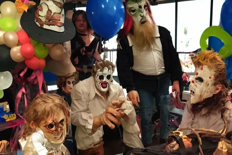 Image similar to leatherface at a kids birthday party, realistic, real life