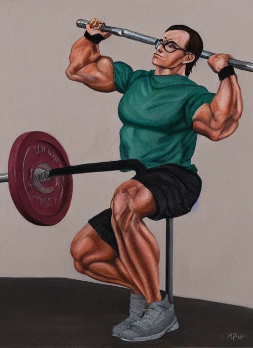 Image similar to a painting of Harry Potter doing barbell back squats, dingy gym, wearing a muscle tee shirt, an ultrafine detailed painting by Mark Ryden, trending on deviantart, pop surrealism, whimsical, lowbrow, grotesque