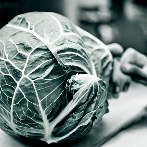 Image similar to cabbage stabbing an apple