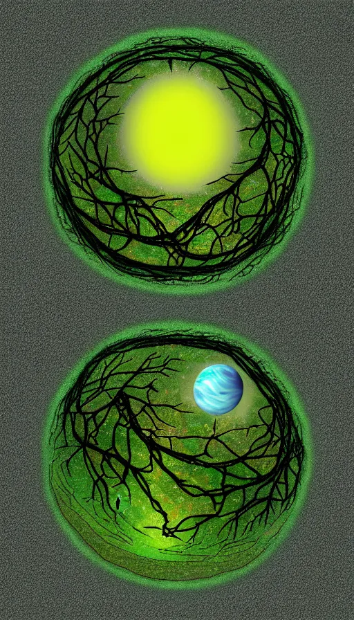 Prompt: small planet made from large trees with interconected roots, by kaitrees