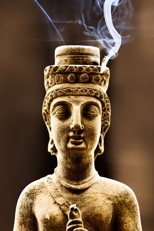 Prompt: photo of the ancient statue smoking an ancient hookah, symmetrical, cinematic, real dlsr photography, sharp focus, 4 k, ultra hd, sense of awe, archeology journal cover