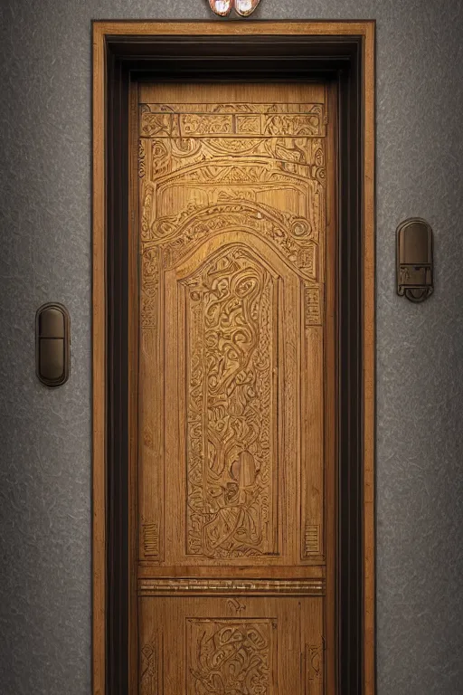 Prompt: full photo of a stunning wooden door with engravings. architecture. wooden frames. cement building. trending on artstation. cgsociety. art by greg rutkowski and thomas kinkade