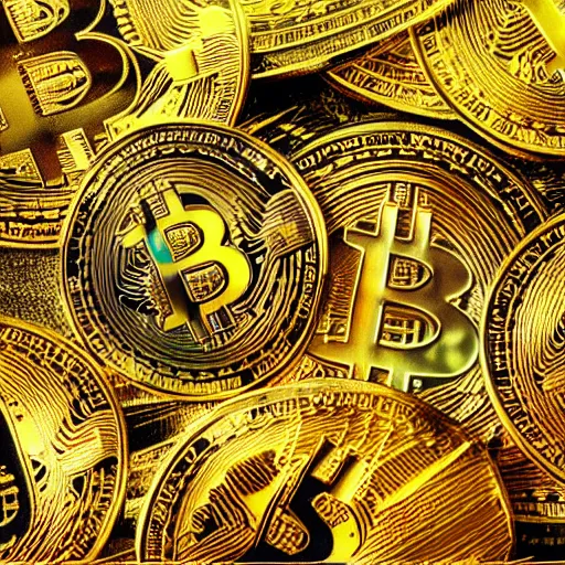 Image similar to golden bitcoin cryptocurrency, epic fantasy digital art