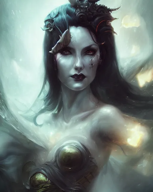 Prompt: bastien lecouffe deharme and artgerm detailed portrait digital rococo painting of a beautiful serious villainess wearing fantasy clothing like liliana vess, villainess has black angel wings, evil mood, hellish battlefield in the background, unreal engine, embers flying, hyper realism, realistic shading, cinematic composition, blender render, octane render, ultrawide shot