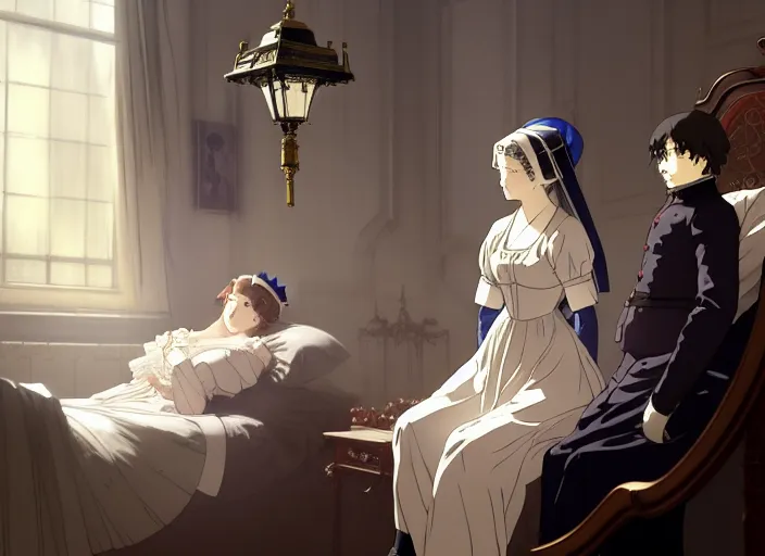 Image similar to victorian britain 1 8 3 6, 1 6 year old florence nightingale, has a vision of god telling her to become a nurse, in a luxurious english victorian bedroom, night time, lamp light, finely detailed perfect art, gapmoe yandere grimdark, trending on pixiv fanbox, painted by greg rutkowski makoto shinkai takashi takeuchi studio ghibli