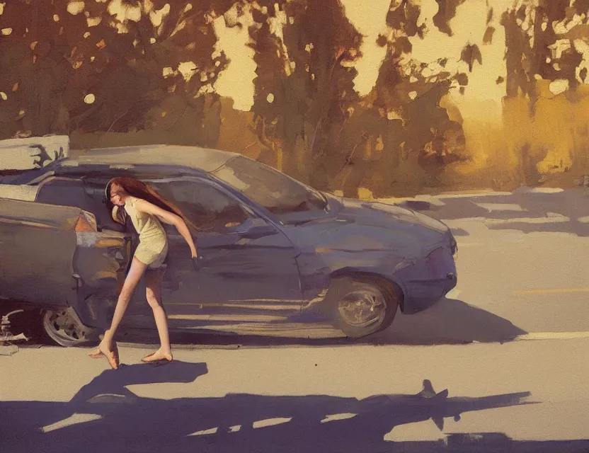 Prompt: girl leans out of a car on a road, notion photo, in the early morning, long distance photo, golden hour, bleach bypass, warm tones, beige colors, sunlight, digital 2 d, polaroid, high - key lighting, by lisa yuskavage, by serov valentin, by krenz cushart