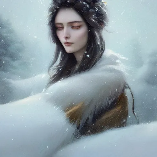 Image similar to a beautiful portrait of an winter goddess with ice hair by Greg Rutkowski and Raymond Swanland, snowflakes falling, Trending on Artstation, ultra realistic digital art