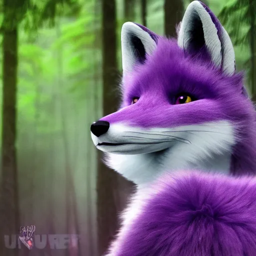 Image similar to a purple fox with a long fluffy and shiny coat sits in the forest on a ufo flying saucer. super realistic photo. clear details