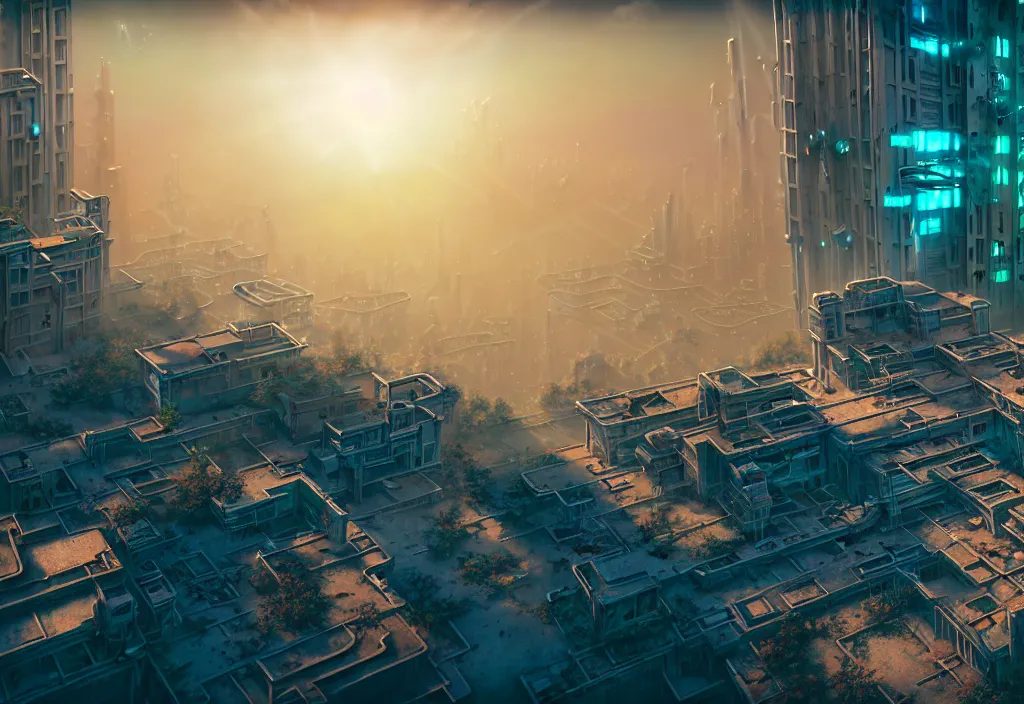 Prompt: A highly detailed crisp unreal engine render of aerial drone photo of A beautiful futuristic cyberpunk abandoned city building with neon fine lights, plants allover , godray, sunlight breaking through clouds, clouds, debris on the ground, abandoned machines bright colors, isometric, nitid horizon, factory by wangchen-cg, 王琛,Neil blevins, artstation, Gediminas Pranckevicius